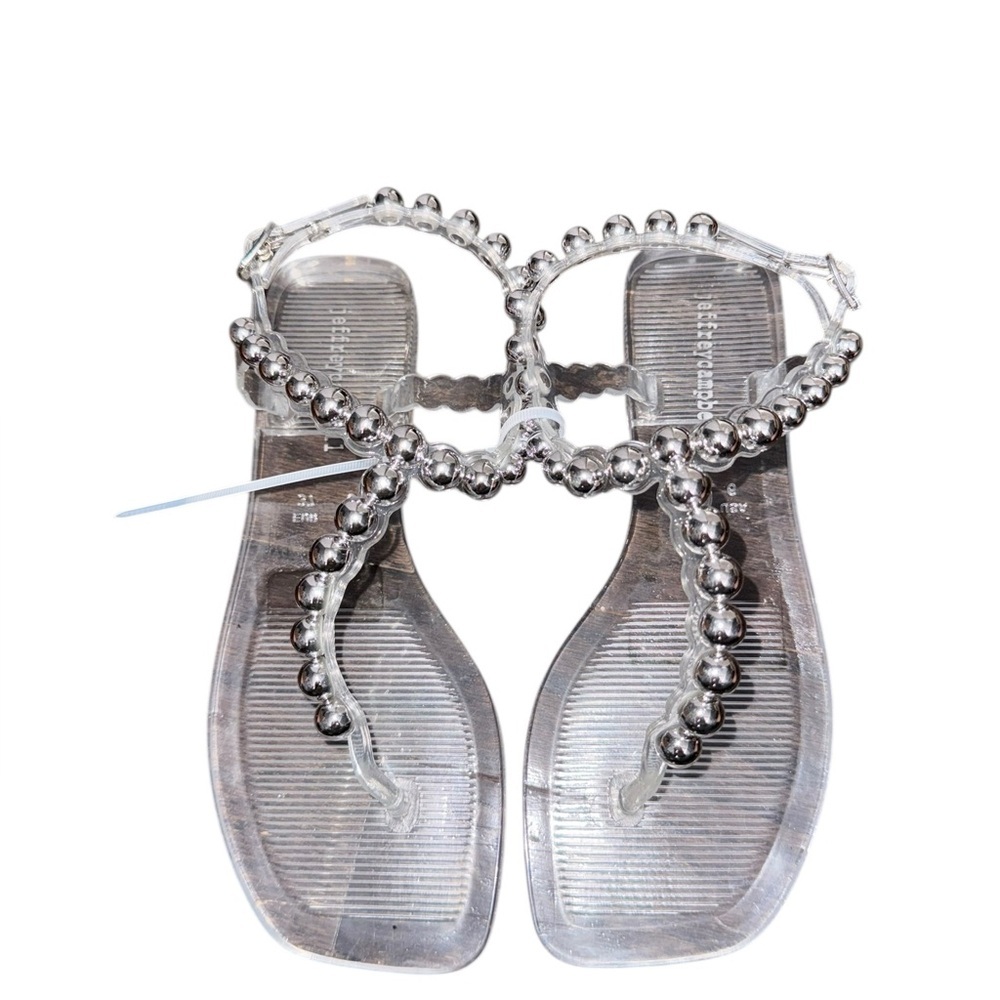 Jeffrey Campbell Women's Square Toe Bead Detail Jelly Thong Silver Sandals 6